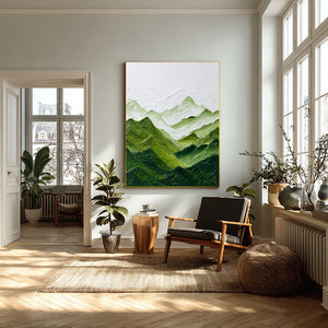 Large Green Mountain Landscape Canvas Wall Art Textured Nature Painting for Living Room Decor