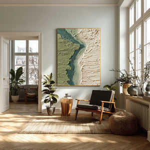Large Abstract River Landscape Oil Painting Green Textured Terrain Canvas Wall Art for Living Room Decor