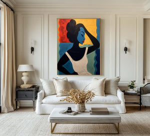 Large Geometric Oil Painting - Abstract Portrait Art on Canvas Hand Painted for Contemporary Interior