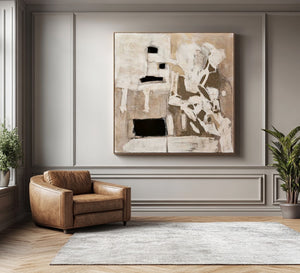 Large Abstract Figurative Oil Painting Neutral Beige Canvas Wall Art for Modern Living Room Decor