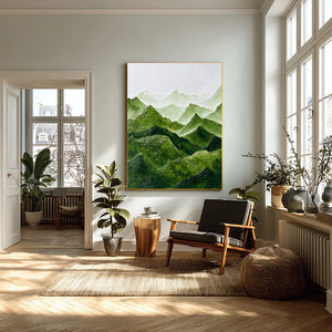 Large Abstract Mountain Painting Green Landscape Canvas Wall Art for Modern Interior Decor