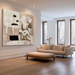 Large Abstract Figurative Oil Painting Neutral Beige Canvas Wall Art for Modern Living Room Decor