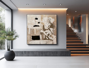 Large Abstract Figurative Oil Painting Neutral Beige Canvas Wall Art for Modern Living Room Decor