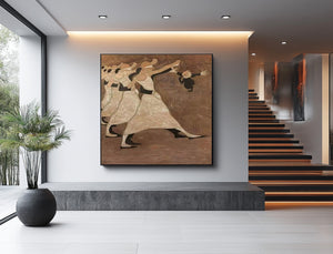 Large Minimalist Whimsical Dance Scene Canvas Wall Art Textured Oil Painting for Entryway & Living Room Decor
