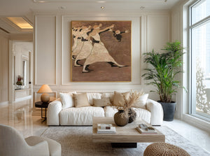 Large Minimalist Whimsical Dance Scene Canvas Wall Art Textured Oil Painting for Entryway & Living Room Decor