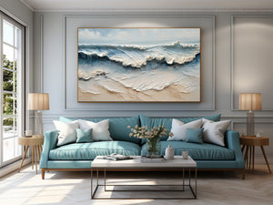 Large 3D Textured Ocean Wave Hand-Painted Oil Painting Coastal Canvas Wall Art for Living Room Decor