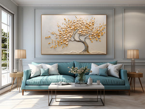 Large 3D Textured Golden Money Tree Hand-Painted Oil Painting Luxury Canvas Wall Art for Living Room Decor