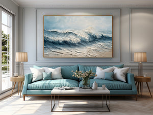 Large Wabi-Sabi Textured Beach Wave Canvas Wall Art Textured Oil Painting for Bedroom & Entryway Decor