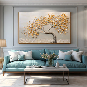 Large Wabi-Sabi Textured Golden Tree of Life Canvas Wall Art Textured Oil Painting for Entryway & Bedroom Decor