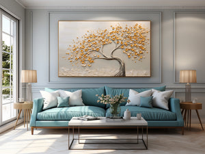 Large Wabi-Sabi Textured Golden Tree of Life Canvas Wall Art Textured Oil Painting for Entryway & Bedroom Decor