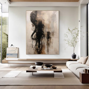 Large Abstract Black & Beige Textured Canvas Wall Art Modern Minimalist Oil Painting for Living Room & Office Decor