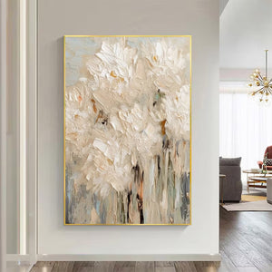 Large Neutral Abstract Painting – Modern Hand Painted Cream and White Flower Art for Stylish Interior Design