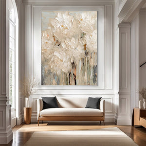 Large Neutral Abstract Painting – Modern Hand Painted Cream and White Flower Art for Stylish Interior Design
