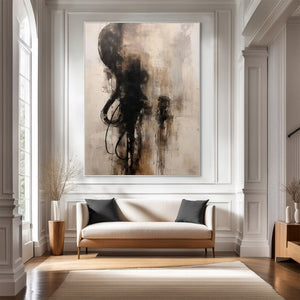 Large Abstract Black & Beige Textured Canvas Wall Art Modern Minimalist Oil Painting for Living Room & Office Decor