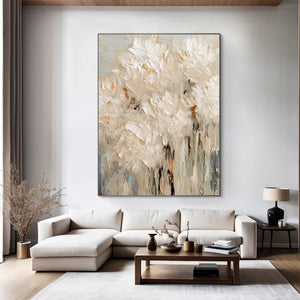 Large Neutral Abstract Painting – Modern Hand Painted Cream and White Flower Art for Stylish Interior Design