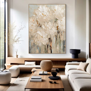 Large Neutral Abstract Painting – Modern Hand Painted Cream and White Flower Art for Stylish Interior Design