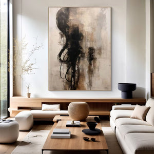 Large Abstract Black & Beige Textured Canvas Wall Art Modern Minimalist Oil Painting for Living Room & Office Decor