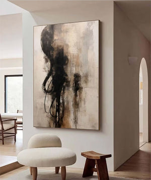 Large Abstract Black & Beige Textured Canvas Wall Art Modern Minimalist Oil Painting for Living Room & Office Decor