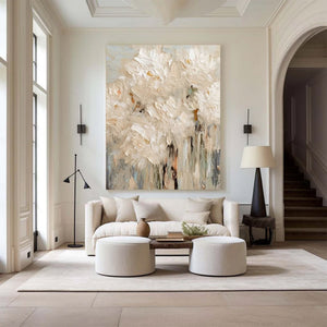 Large Neutral Abstract Painting – Modern Hand Painted Cream and White Flower Art for Stylish Interior Design