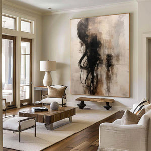 Large Abstract Black & Beige Textured Canvas Wall Art Modern Minimalist Oil Painting for Living Room & Office Decor
