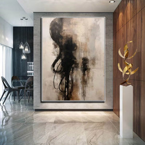 Large Abstract Black & Beige Textured Canvas Wall Art Modern Minimalist Oil Painting for Living Room & Office Decor
