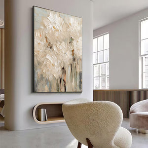 Large Neutral Abstract Painting – Modern Hand Painted Cream and White Flower Art for Stylish Interior Design