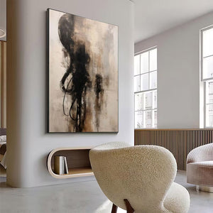 Large Abstract Black & Beige Textured Canvas Wall Art Modern Minimalist Oil Painting for Living Room & Office Decor