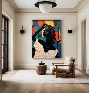 Large Hand Painted Abstract Woman Oil Painting – Colorful Female Portrait for Modern Wall Decor
