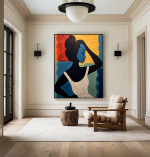 Large Geometric Oil Painting - Abstract Portrait Art on Canvas Hand Painted for Contemporary Interior