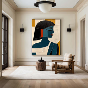 Large Geometric Oil Painting - Abstract Female Portrait Wall Art Hand Painted for Contemporary Decor