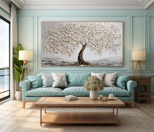 Large Tree of Life Oil Painting Textured White Tree Canvas Wall Art for Living Room Decor