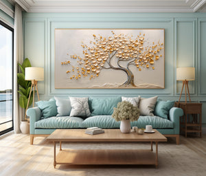 Large 3D Textured Golden Money Tree Hand-Painted Oil Painting Luxury Canvas Wall Art for Living Room Decor