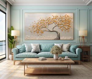 Large Wabi-Sabi Textured Golden Tree of Life Canvas Wall Art Textured Oil Painting for Entryway & Bedroom Decor