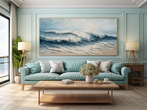 Large Wabi-Sabi Textured Beach Wave Canvas Wall Art Textured Oil Painting for Bedroom & Entryway Decor