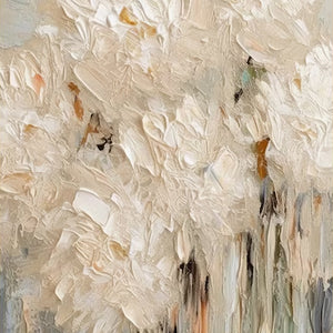 Large Neutral Abstract Painting – Modern Hand Painted Cream and White Flower Art for Stylish Interior Design