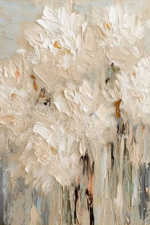 Large Neutral Abstract Painting – Modern Hand Painted Cream and White Flower Art for Stylish Interior Design