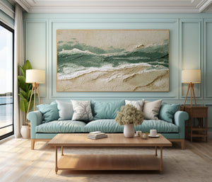 Large Abstract Ocean Wave Oil Painting Textured Green Coastal Canvas Wall Art for Living Room Decor