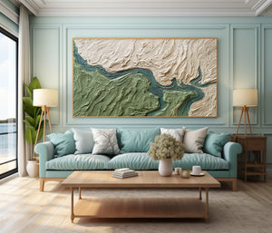 Large Abstract River Oil Painting Textured Green Canvas Wall Art for Contemporary Home Decor