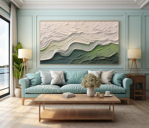 Large Wabi-Sabi Textured Green Wave of Nature Canvas Wall Art Textured Oil Painting for Bedroom & Entryway Decor