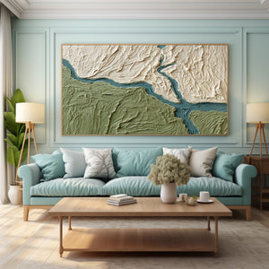 Large Textured River Landscape Oil Painting Green Abstract Canvas Wall Art for Living Room Decor