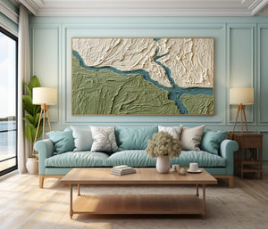 Large Textured River Landscape Oil Painting Green Abstract Canvas Wall Art for Living Room Decor