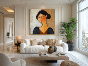 Large Square Modigliani-Style Woman Portrait Canvas Wall Art Modern Figurative Art for Living Room Decor