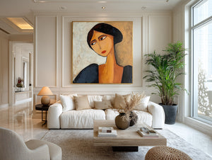 Large Contemporary Modernist Woman Portrait Canvas Wall Art Luxury Figurative Art for Home & Gallery Decor