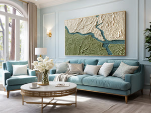 Large Textured River Landscape Oil Painting Green Abstract Canvas Wall Art for Living Room Decor