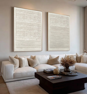 Large Minimalist Textured Linear & Dot Canvas Wall Art (Set of 2) Textured Painting for Entryway & Study Decor
