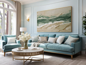 Large Abstract Ocean Wave Oil Painting Textured Green Coastal Canvas Wall Art for Living Room Decor