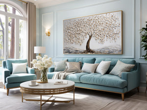 Large Tree of Life Oil Painting Textured White Tree Canvas Wall Art for Living Room Decor