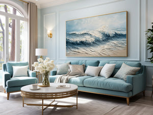 Large Wabi-Sabi Textured Beach Wave Canvas Wall Art Textured Oil Painting for Bedroom & Entryway Decor