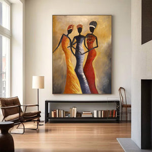 Large African Women Figurative Hand-Painted Oil Painting Colorful Ethnic Canvas Wall Art for Living Room & Bedroom Decor