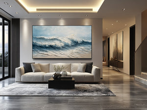 Large Wabi-Sabi Textured Beach Wave Canvas Wall Art Textured Oil Painting for Bedroom & Entryway Decor